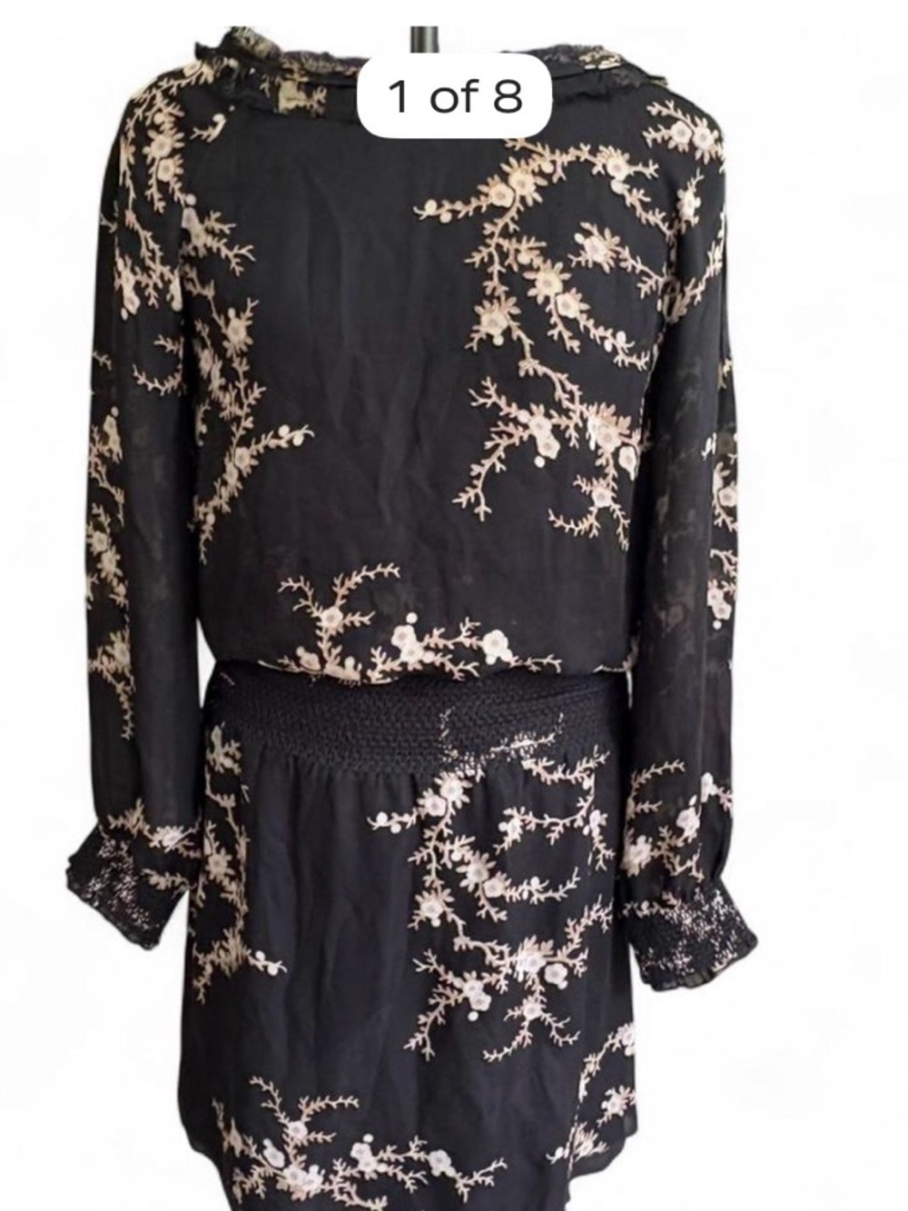 Black Long-Sleeve Floral Smocked-Waist Silk Dress Whimsigoth Festival
